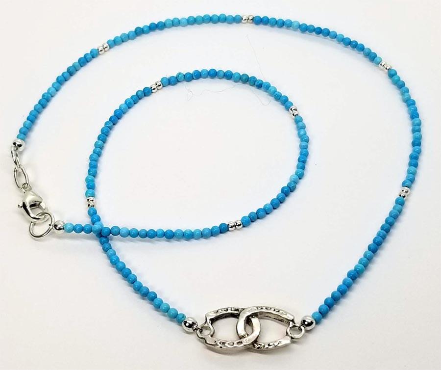 Double Horse Shoe Pendant with Turquoise Blue Bead Necklace - Tempi Design Studio