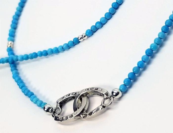 Double Horse Shoe Pendant with Turquoise Blue Bead Necklace - Tempi Design Studio