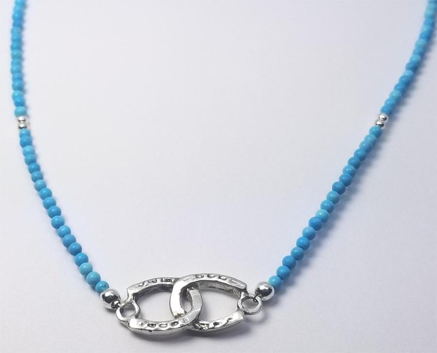 Double Horse Shoe Pendant with Turquoise Blue Bead Necklace - Tempi Design Studio